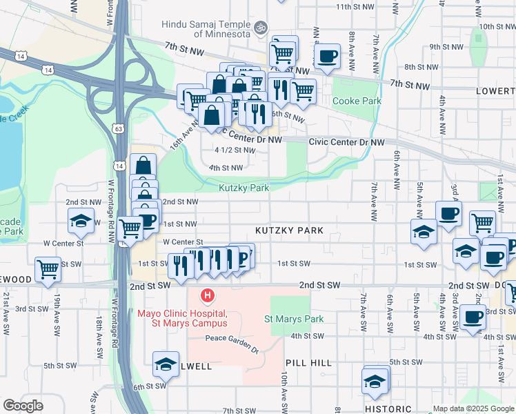 map of restaurants, bars, coffee shops, grocery stores, and more near 1112 2nd Street Southwest in Rochester
