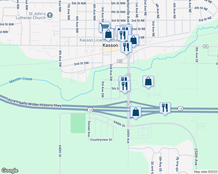 map of restaurants, bars, coffee shops, grocery stores, and more near 407 2nd Avenue Southwest in Kasson