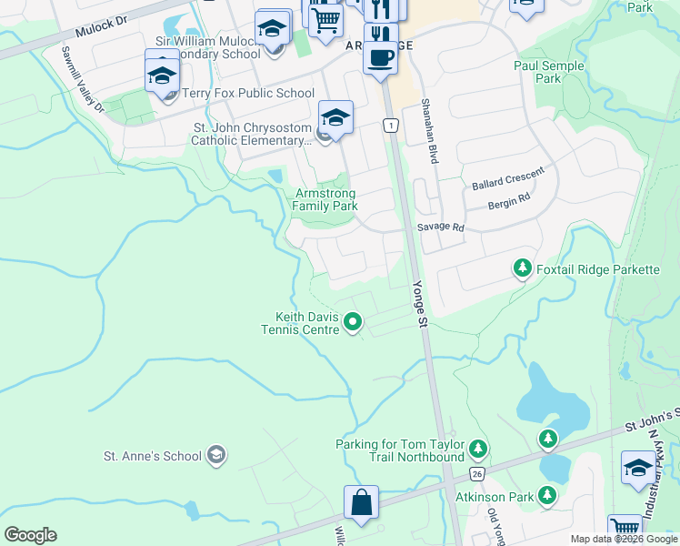 map of restaurants, bars, coffee shops, grocery stores, and more near 976 Oaktree Crescent in Newmarket