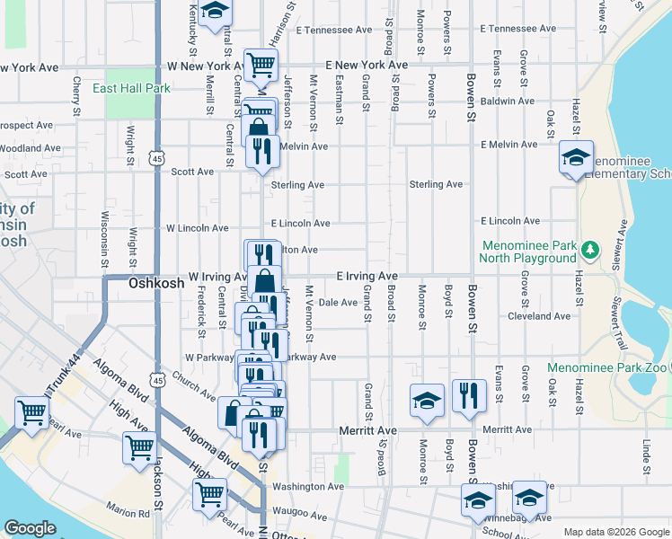 map of restaurants, bars, coffee shops, grocery stores, and more near 216 East Irving Avenue in Oshkosh