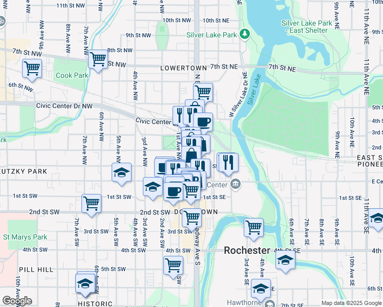 map of restaurants, bars, coffee shops, grocery stores, and more near 121 North Broadway Avenue in Rochester