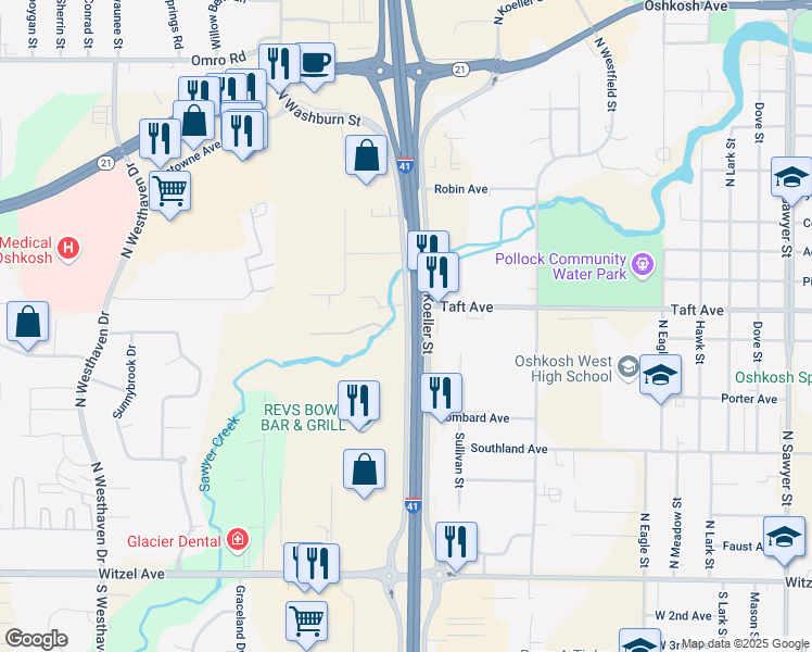 map of restaurants, bars, coffee shops, grocery stores, and more near 473 North Washburn Street in Oshkosh