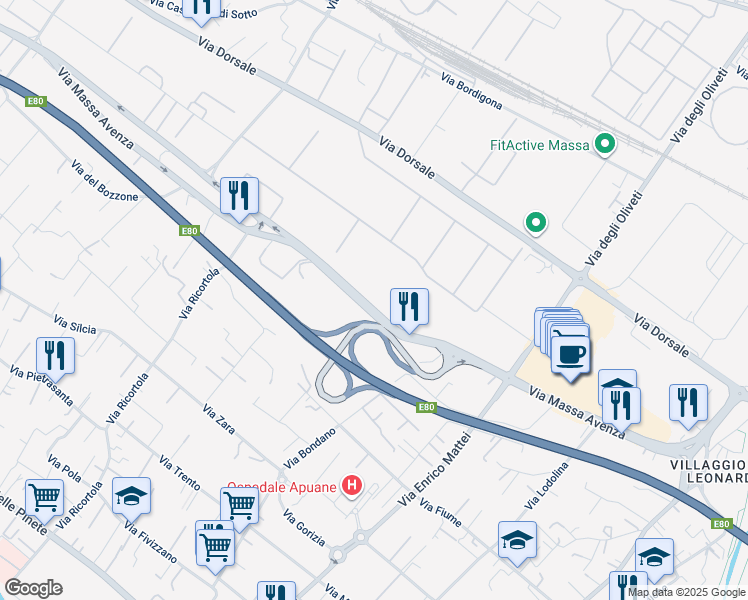 map of restaurants, bars, coffee shops, grocery stores, and more near 32 Via Massa Avenza in Massa