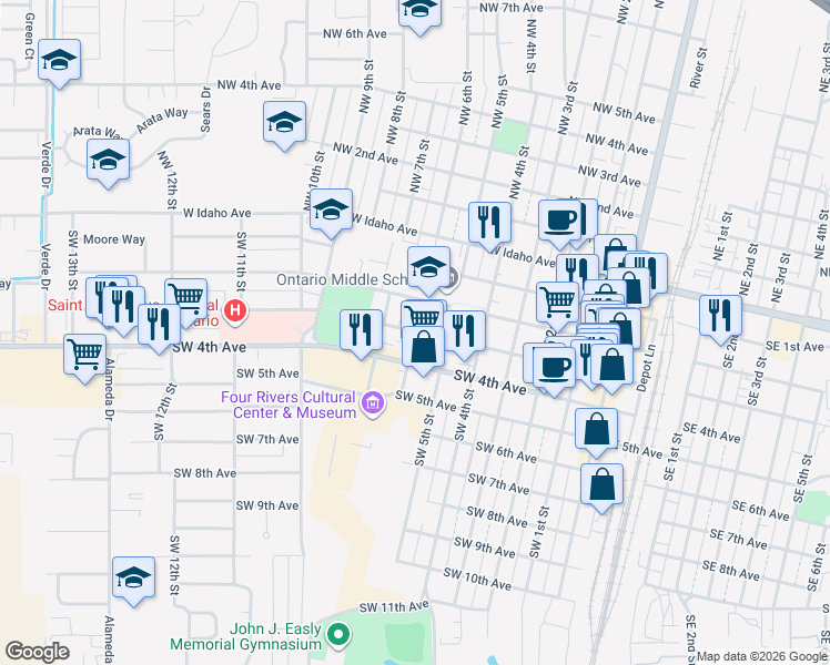 map of restaurants, bars, coffee shops, grocery stores, and more near 621 Southwest 4th Avenue in Ontario