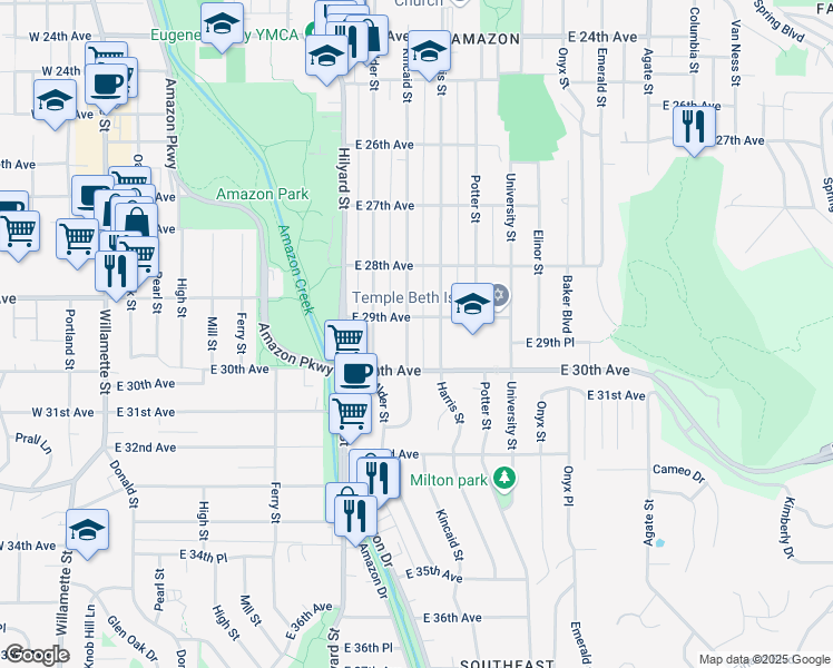 map of restaurants, bars, coffee shops, grocery stores, and more near 2950 Harris Street in Eugene