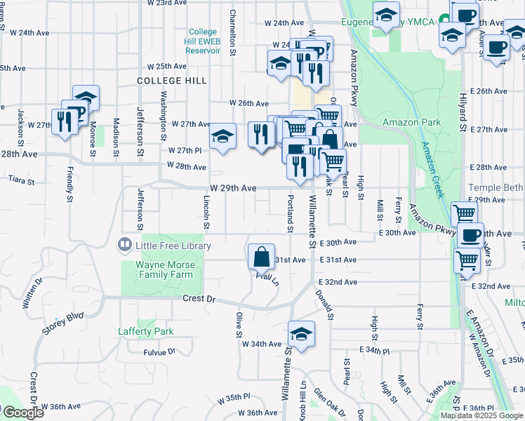 map of restaurants, bars, coffee shops, grocery stores, and more near 2965 Olive Street in Eugene