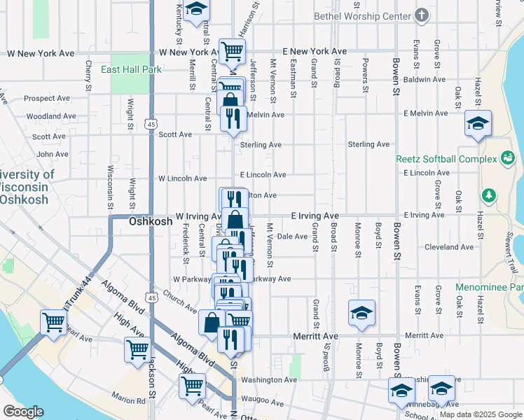 map of restaurants, bars, coffee shops, grocery stores, and more near 104 East Irving Avenue in Oshkosh