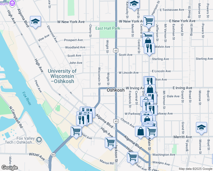 map of restaurants, bars, coffee shops, grocery stores, and more near 706 Wright Street in Oshkosh