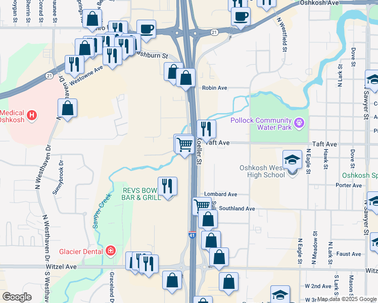 map of restaurants, bars, coffee shops, grocery stores, and more near 473 North Washburn Street in Oshkosh