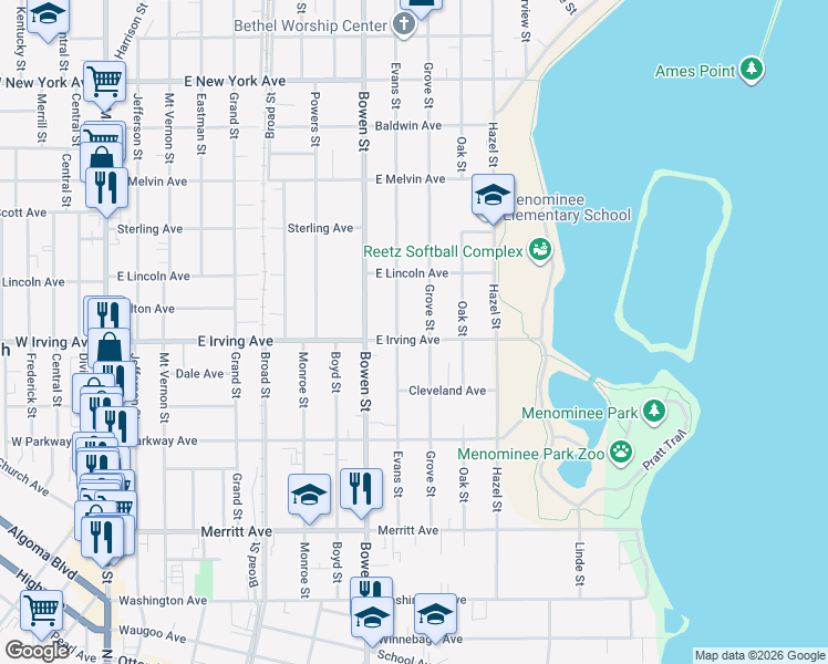 map of restaurants, bars, coffee shops, grocery stores, and more near 914 East Irving Avenue in Oshkosh