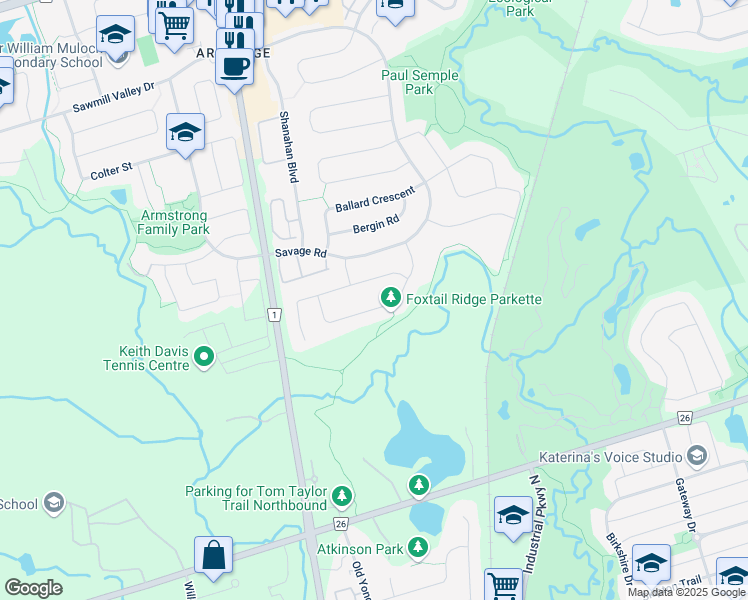 map of restaurants, bars, coffee shops, grocery stores, and more near 93 Foxtail Ridge in Newmarket
