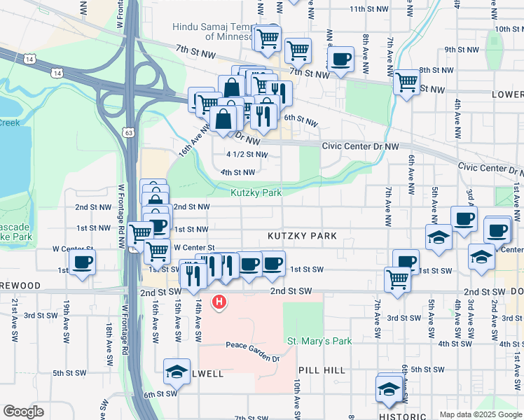 map of restaurants, bars, coffee shops, grocery stores, and more near 1112 2nd Street Southwest in Rochester