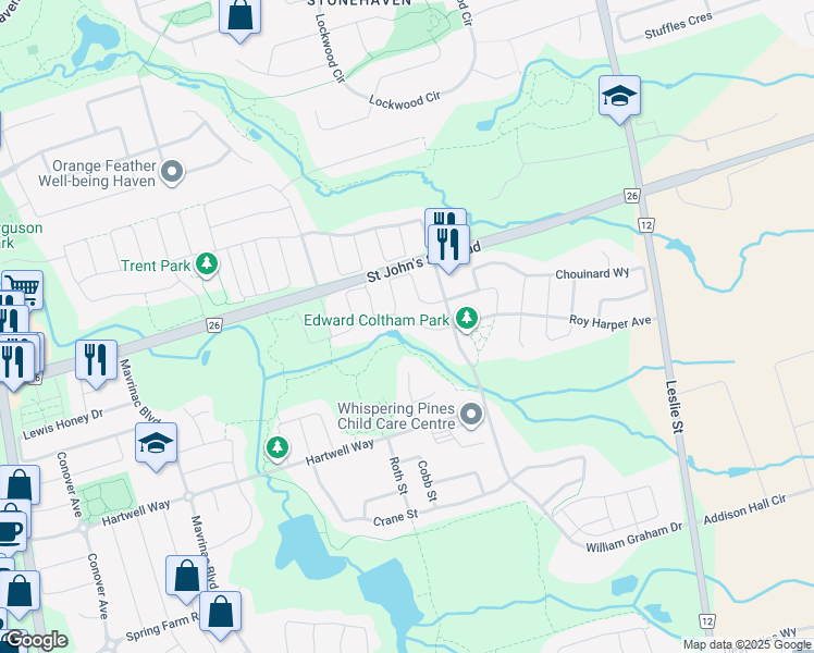 map of restaurants, bars, coffee shops, grocery stores, and more near 145 Roy Harper Avenue in Aurora