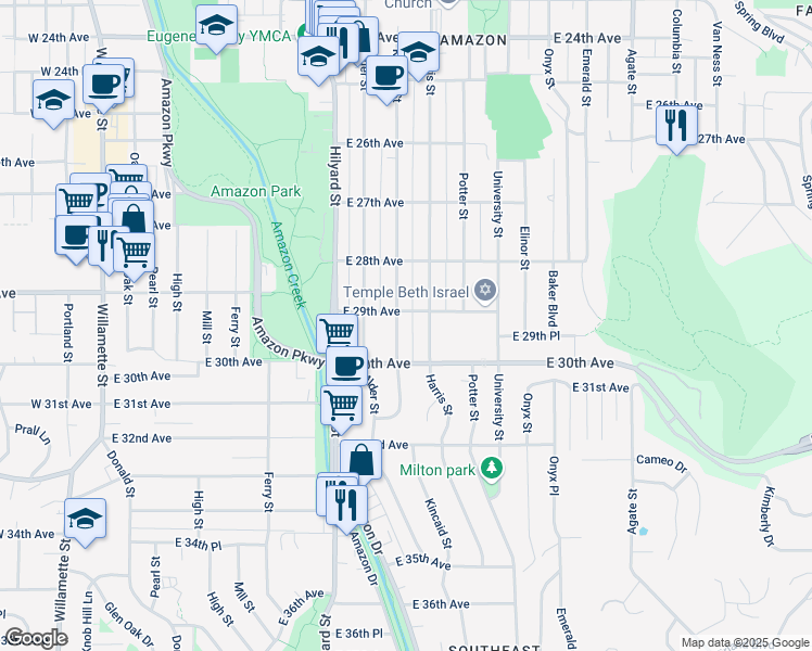 map of restaurants, bars, coffee shops, grocery stores, and more near 2950 Harris Street in Eugene