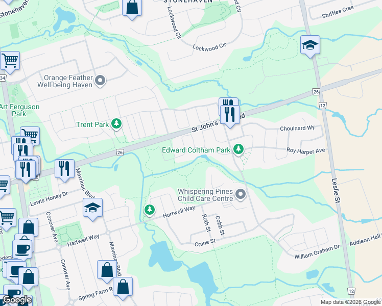 map of restaurants, bars, coffee shops, grocery stores, and more near 105 Roy Harper Avenue in Aurora