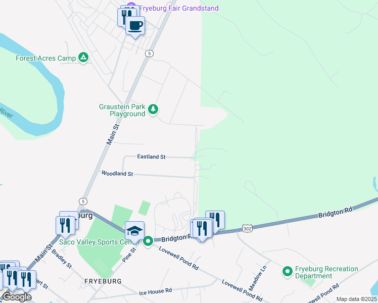 map of restaurants, bars, coffee shops, grocery stores, and more near 78 Eastland Street in Fryeburg