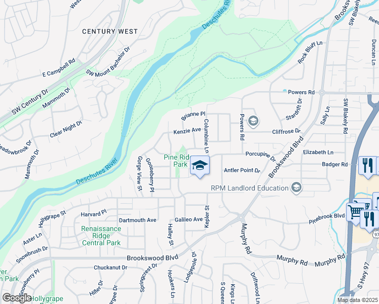 map of restaurants, bars, coffee shops, grocery stores, and more near 19825 Villano Place in Bend