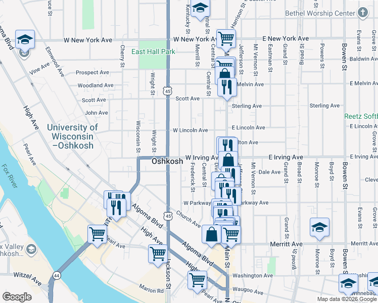 map of restaurants, bars, coffee shops, grocery stores, and more near 216 West Irving Avenue in Oshkosh