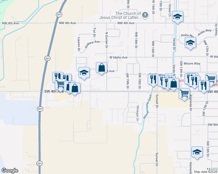 map of restaurants, bars, coffee shops, grocery stores, and more near 2095 Southwest 4th Avenue in Ontario