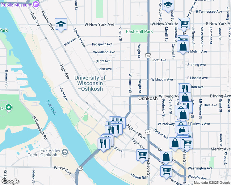 map of restaurants, bars, coffee shops, grocery stores, and more near 712 Elmwood Avenue in Oshkosh