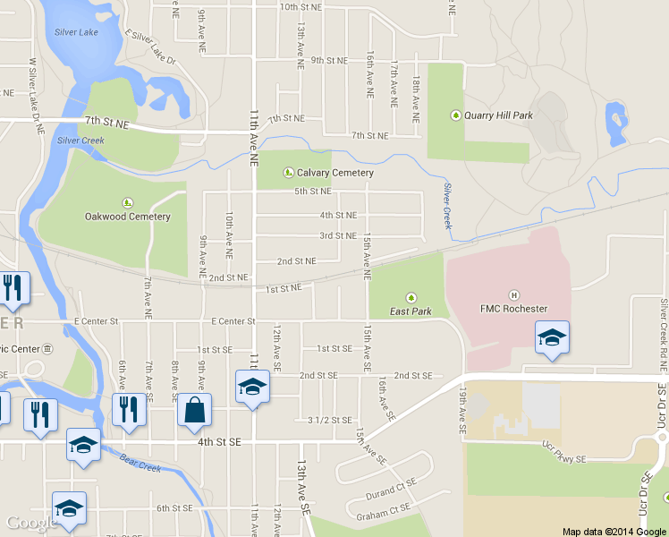 map of restaurants, bars, coffee shops, grocery stores, and more near 1324 2nd Street Northeast in Rochester