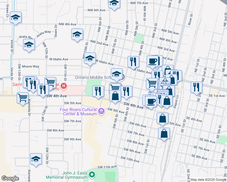 map of restaurants, bars, coffee shops, grocery stores, and more near 621 Southwest 4th Avenue in Ontario