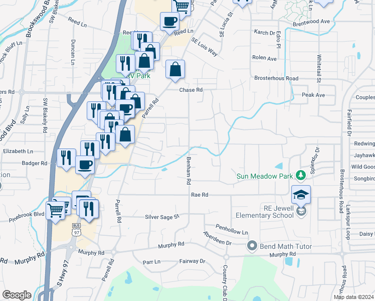 map of restaurants, bars, coffee shops, grocery stores, and more near 20347 Willopa Court in Bend