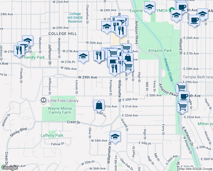 map of restaurants, bars, coffee shops, grocery stores, and more near 61 West 29th Place in Eugene