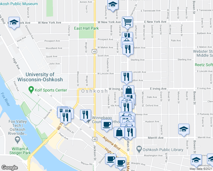 map of restaurants, bars, coffee shops, grocery stores, and more near 216 West Irving Avenue in Oshkosh