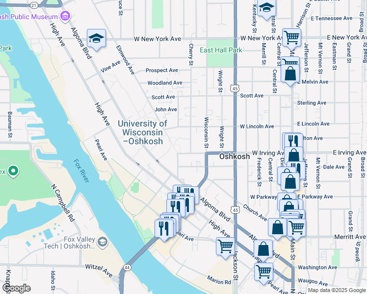 map of restaurants, bars, coffee shops, grocery stores, and more near 628 West Irving Avenue in Oshkosh