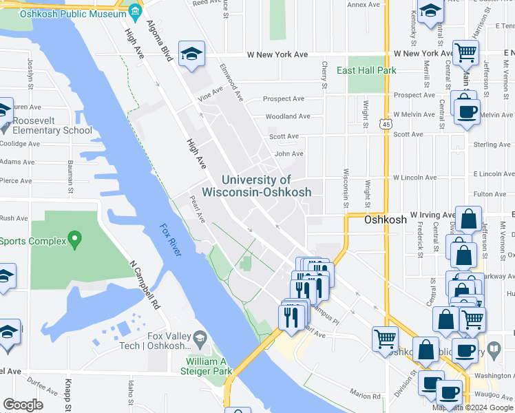 map of restaurants, bars, coffee shops, grocery stores, and more near 749-799 Algoma Boulevard in Oshkosh