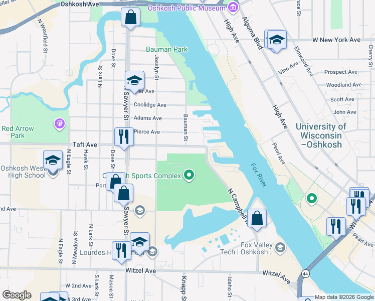 map of restaurants, bars, coffee shops, grocery stores, and more near 927 Taft Avenue in Oshkosh