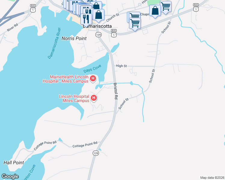 map of restaurants, bars, coffee shops, grocery stores, and more near 63-65 Schooner Road in Damariscotta