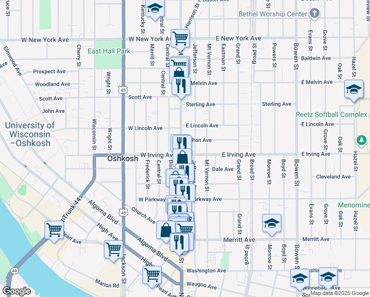 map of restaurants, bars, coffee shops, grocery stores, and more near in Oshkosh