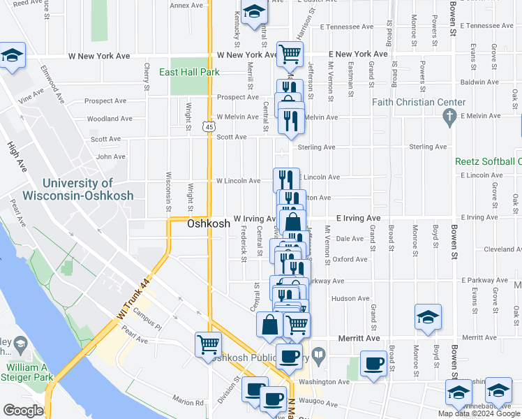 map of restaurants, bars, coffee shops, grocery stores, and more near 708 Central Street in Oshkosh