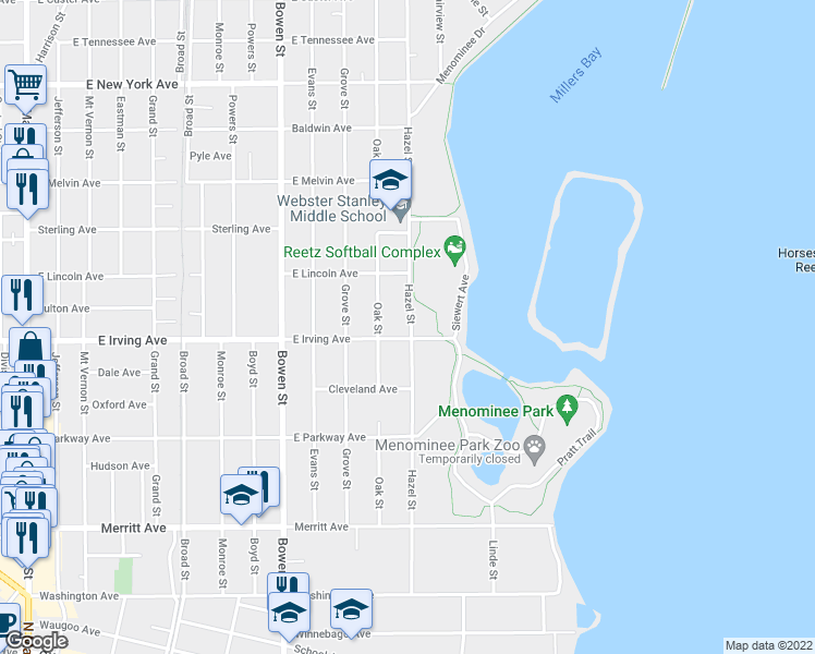 map of restaurants, bars, coffee shops, grocery stores, and more near 719 Hazel Street in Oshkosh