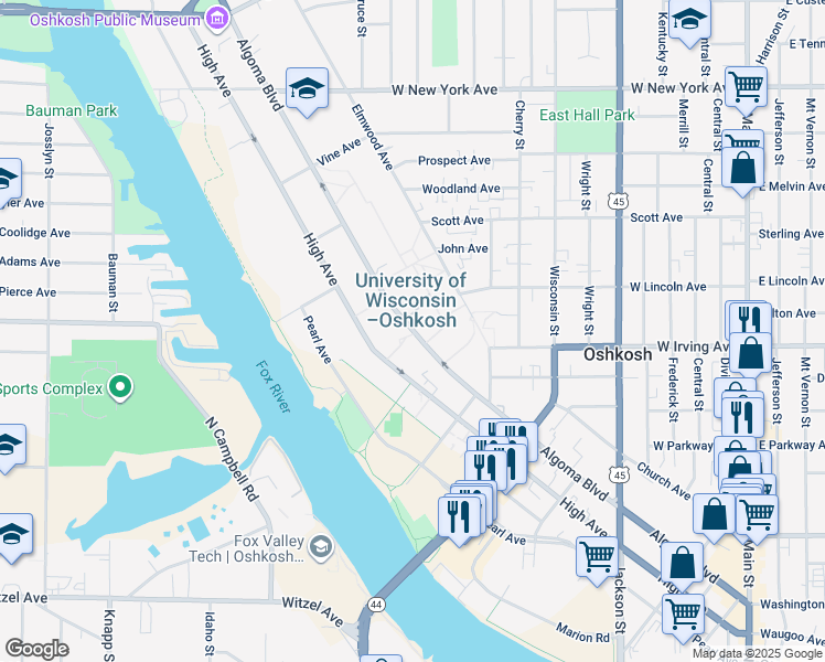 map of restaurants, bars, coffee shops, grocery stores, and more near 800 Algoma Boulevard in Oshkosh