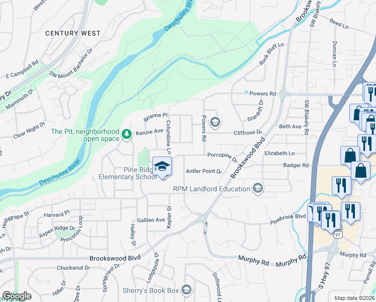 map of restaurants, bars, coffee shops, grocery stores, and more near 19894 Porcupine Drive in Bend