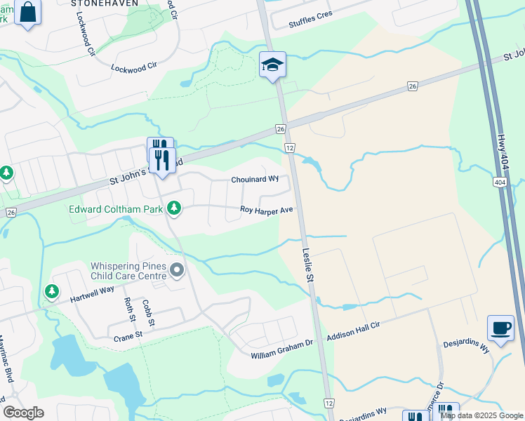 map of restaurants, bars, coffee shops, grocery stores, and more near 312 Chouinard Way in Aurora