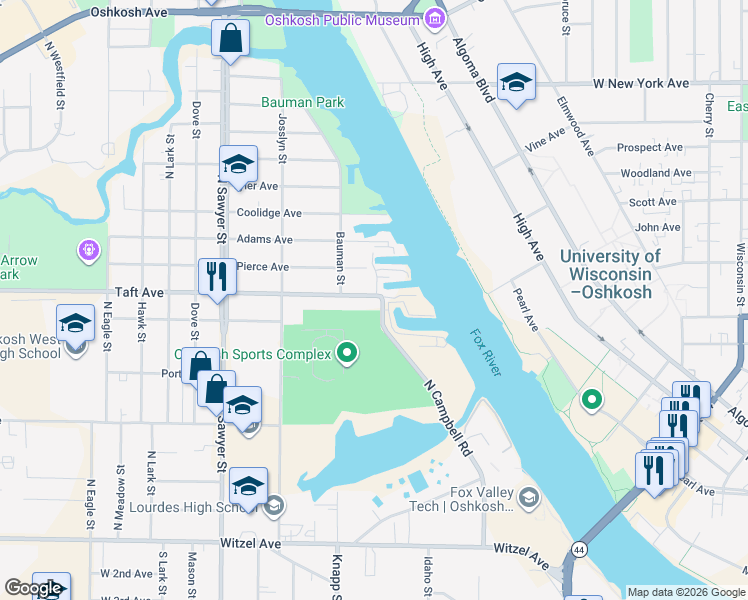 map of restaurants, bars, coffee shops, grocery stores, and more near 927 Taft Avenue in Oshkosh