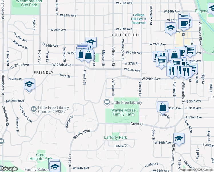 map of restaurants, bars, coffee shops, grocery stores, and more near 2941 Madison Street in Eugene