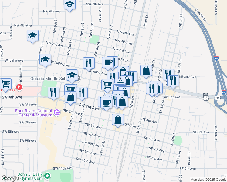 map of restaurants, bars, coffee shops, grocery stores, and more near 192 SW 2nd Ave in Ontario
