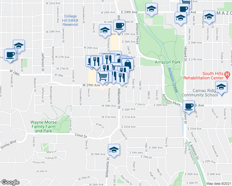 map of restaurants, bars, coffee shops, grocery stores, and more near 2961 Portland Street in Eugene