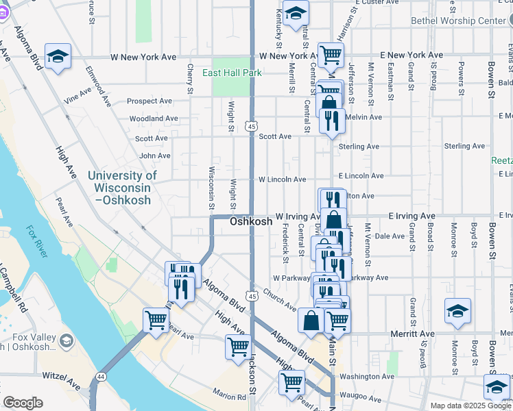 map of restaurants, bars, coffee shops, grocery stores, and more near in Oshkosh