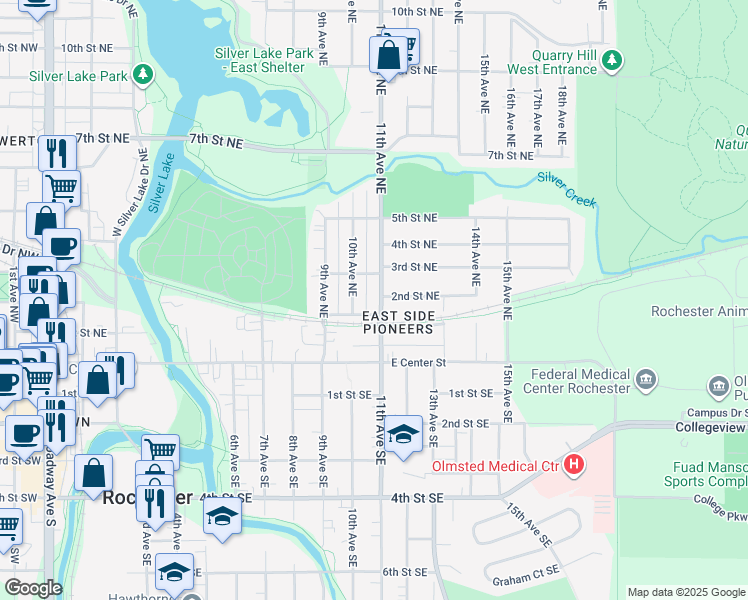 map of restaurants, bars, coffee shops, grocery stores, and more near 204 10th Avenue Southeast in Rochester