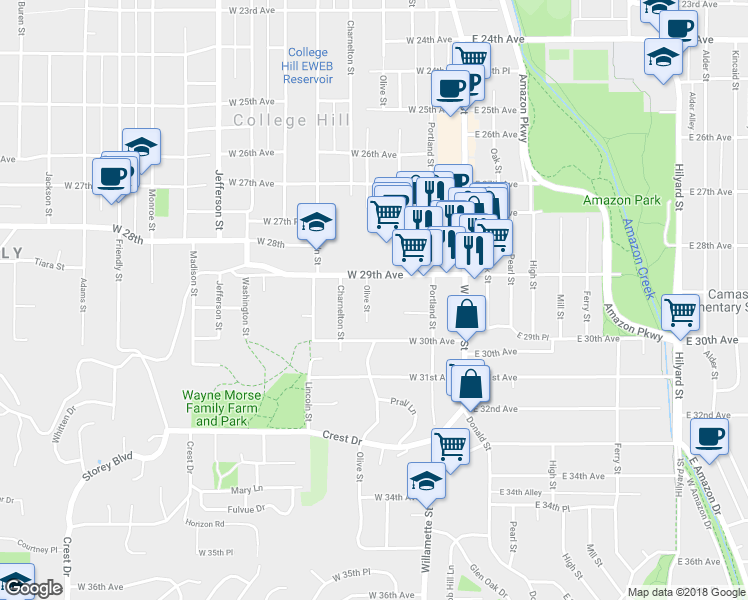 map of restaurants, bars, coffee shops, grocery stores, and more near 2935 Olive Street in Eugene