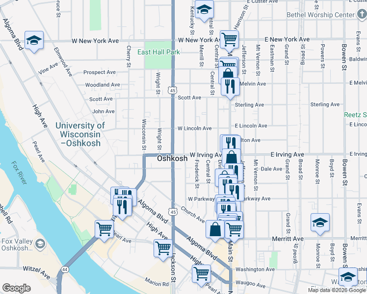 map of restaurants, bars, coffee shops, grocery stores, and more near 717 Franklin Street in Oshkosh