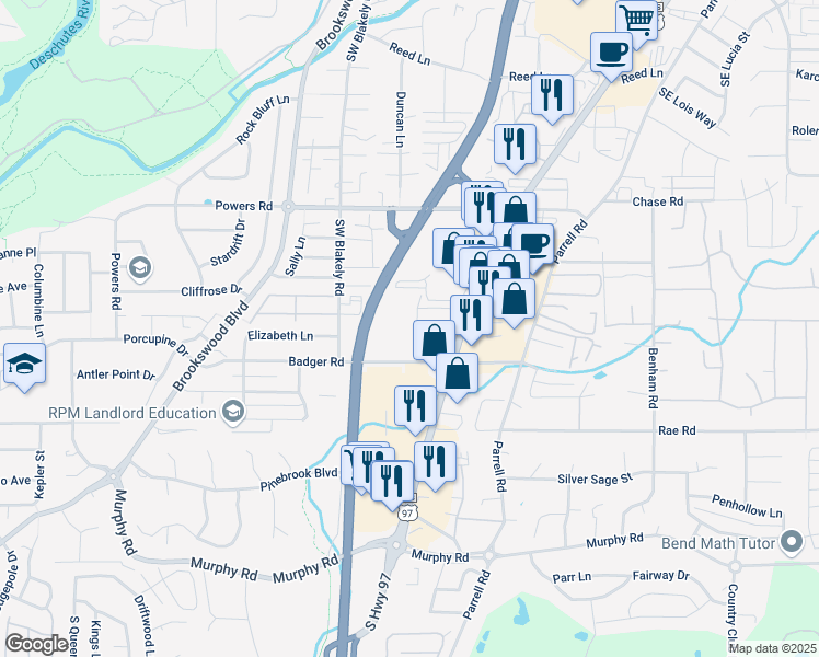 map of restaurants, bars, coffee shops, grocery stores, and more near 20130 Badger Rd in Bend
