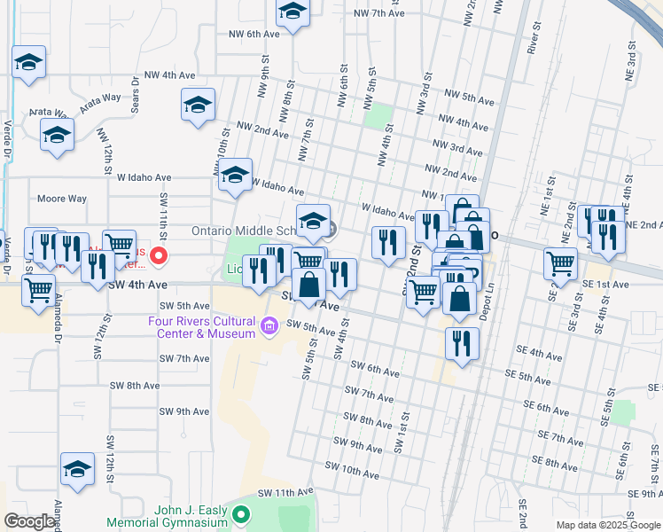 map of restaurants, bars, coffee shops, grocery stores, and more near 573 Southwest 2nd Avenue in Ontario