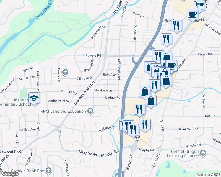 map of restaurants, bars, coffee shops, grocery stores, and more near 20074 Elizabeth Lane in Bend